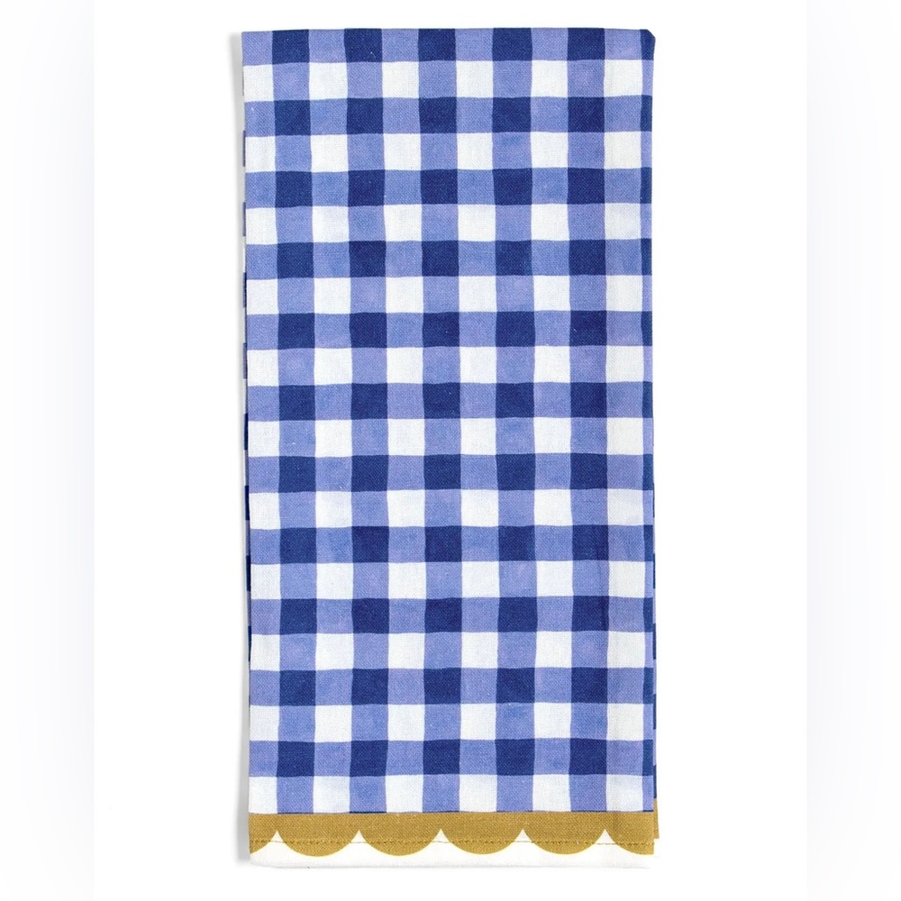 ANTHRO X PAPER FARM PRESS NEW blue gingham scallop towel -blue/white/gold